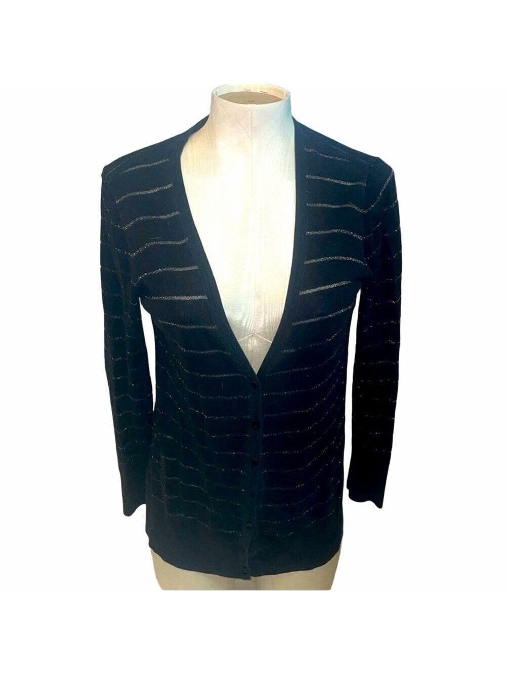 Ann Taylor Loft Black Silver Stripe V-Neck Cardigan